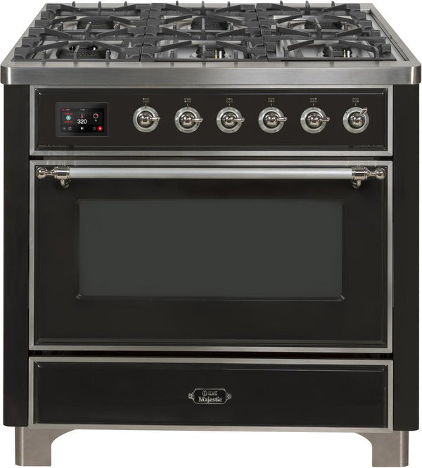 ILVE 36" Majestic II Dual Fuel Range with 6 Burners and Griddle - 3.5 cu. ft. Oven - Chrome Trim in Matte Graphite (UM09FDNS3MGC)