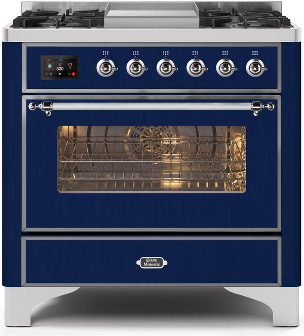 ILVE 36" Majestic II Dual Fuel Range with 6 Burners and Griddle - 3.5 cu. ft. Oven - Chrome Trim in Midnight Blue (UM09FDNS3MBC)