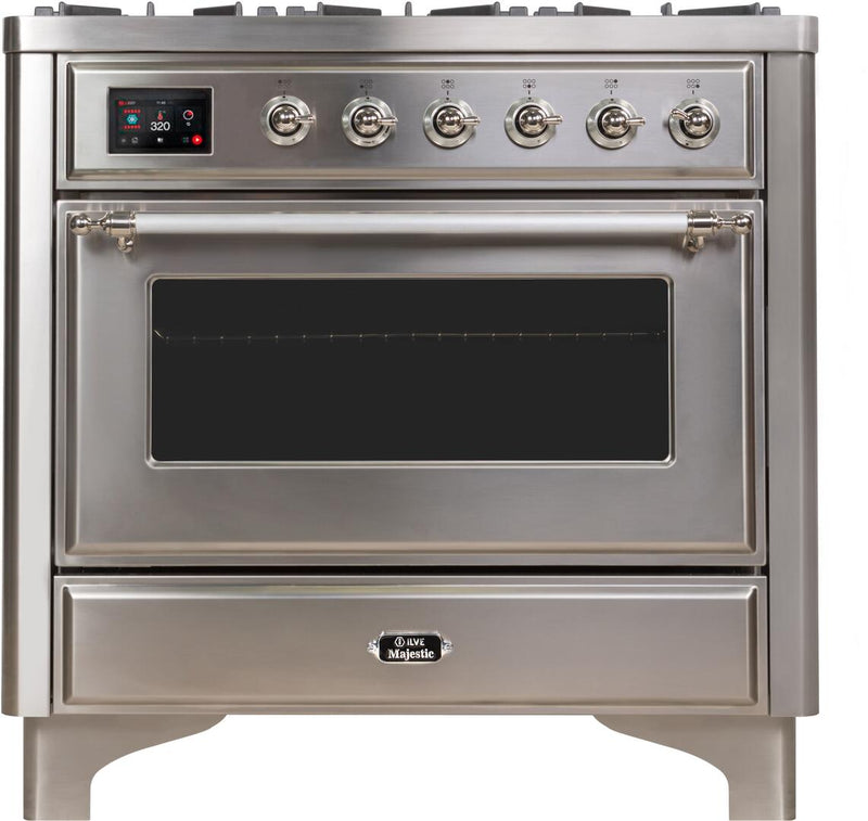 ILVE 36" Majestic II Dual Fuel Range with 6 Burners and Griddle - 3.5 cu. ft. Oven - Chrome Trim in Stainless Steel (UM09FDNS3SSC)