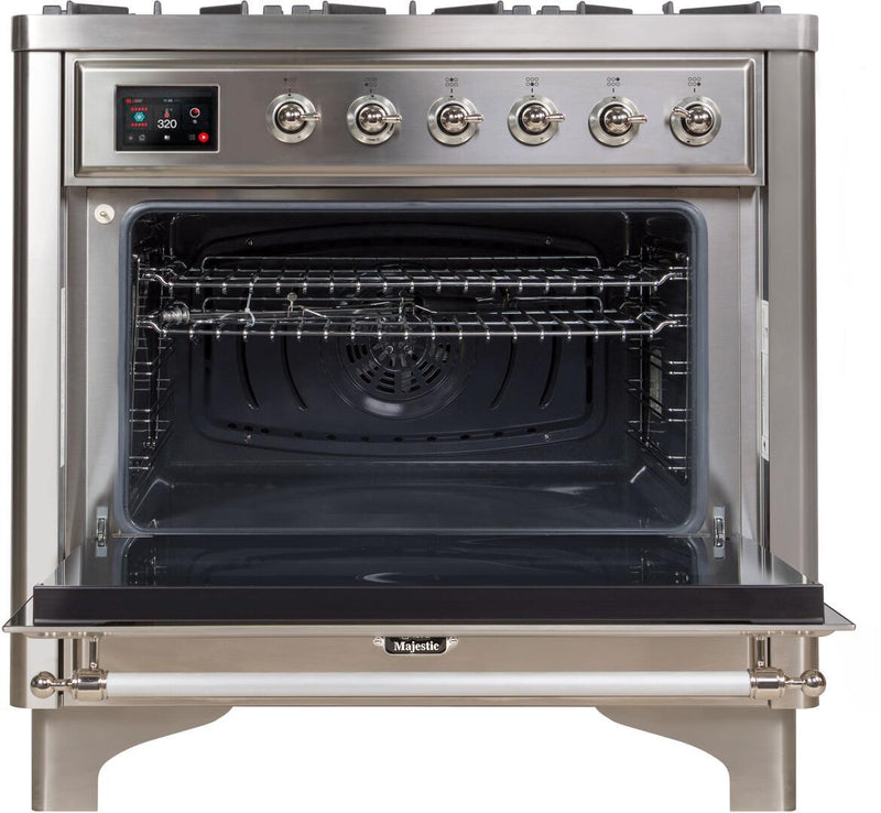 ILVE 36" Majestic II Dual Fuel Range with 6 Burners and Griddle - 3.5 cu. ft. Oven - Chrome Trim in Stainless Steel (UM09FDNS3SSC)