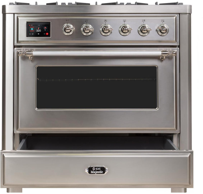 ILVE 36" Majestic II Dual Fuel Range with 6 Burners and Griddle - 3.5 cu. ft. Oven - Chrome Trim in Stainless Steel (UM09FDNS3SSC)