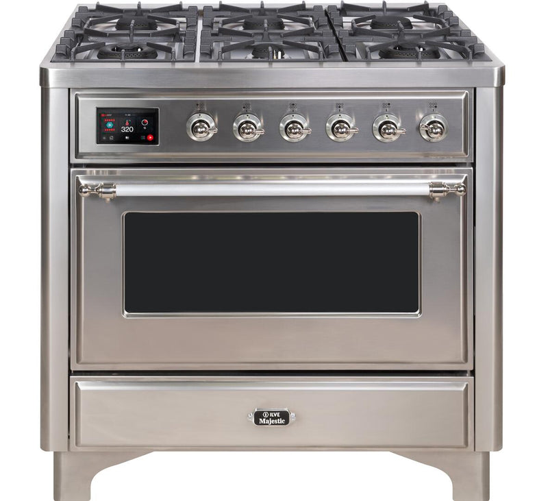 ILVE 36" Majestic II Dual Fuel Range with 6 Burners and Griddle - 3.5 cu. ft. Oven - Chrome Trim in Stainless Steel (UM09FDNS3SSC)