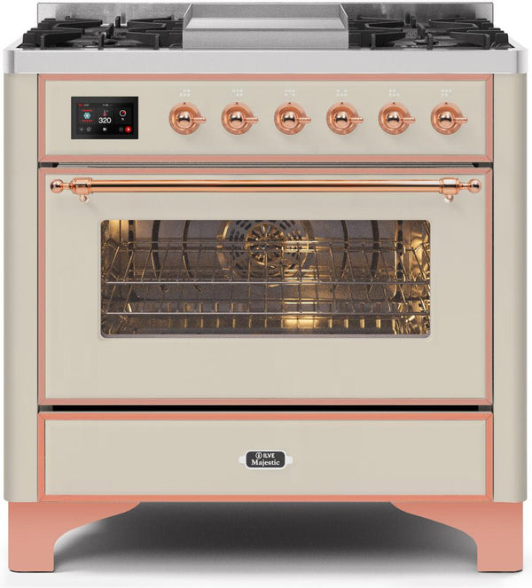 ILVE 36" Majestic II Dual Fuel Range with 6 Burners and Griddle - 3.5 cu. ft. Oven - Copper Trim in Antique White (UM09FDNS3AWP)