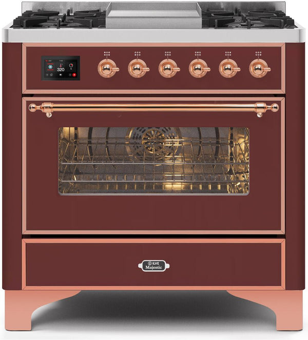 ILVE 36" Majestic II Dual Fuel Range with 6 Burners and Griddle - 3.5 cu. ft. Oven - Copper Trim in Burgundy (UM09FDNS3BUP)