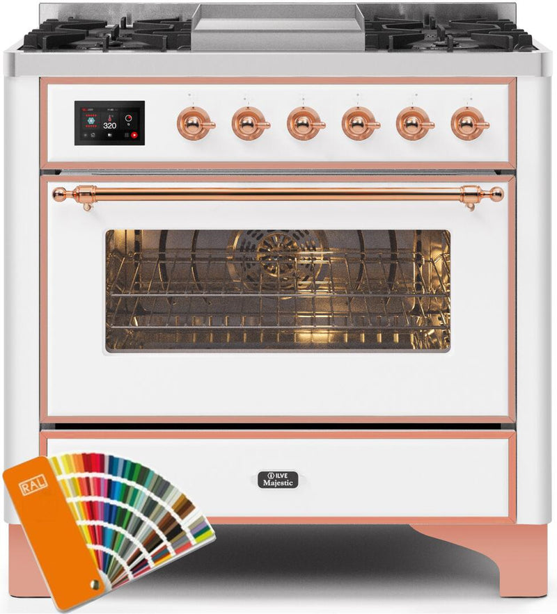 ILVE 36" Majestic II Dual Fuel Range with 6 Burners and Griddle - 3.5 cu. ft. Oven - Copper Trim in Custom RAL Color (UM09FDNS3RA)