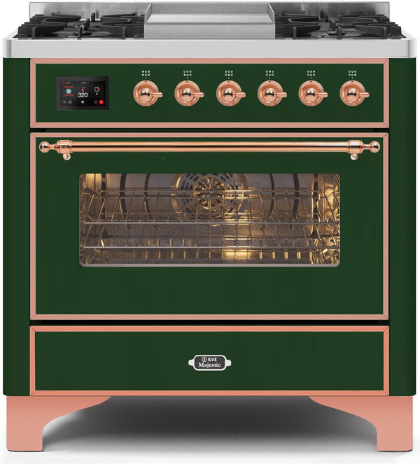 ILVE 36" Majestic II Dual Fuel Range with 6 Burners and Griddle - 3.5 cu. ft. Oven - Copper Trim in Emerald Green (UM09FDNS3EGP)