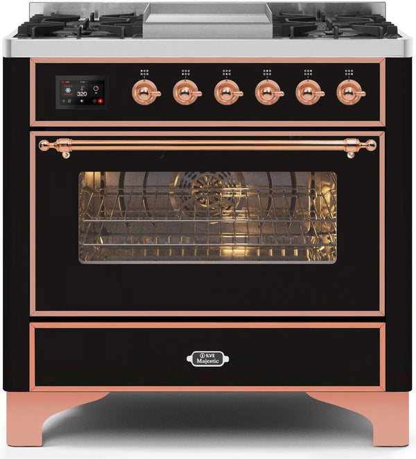 ILVE 36" Majestic II Dual Fuel Range with 6 Burners and Griddle - 3.5 cu. ft. Oven - Copper Trim in Glossy Black (UM09FDNS3BKP)