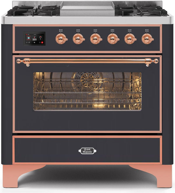 ILVE 36" Majestic II Dual Fuel Range with 6 Burners and Griddle - 3.5 cu. ft. Oven - Copper Trim in Matte Graphite (UM09FDNS3MGP)