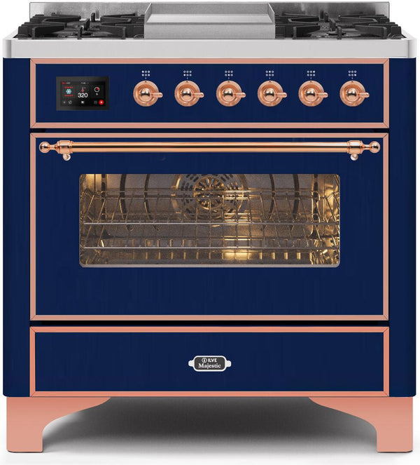 ILVE 36" Majestic II Dual Fuel Range with 6 Burners and Griddle - 3.5 cu. ft. Oven - Copper Trim in Midnight Blue (UM09FDNS3MBP)