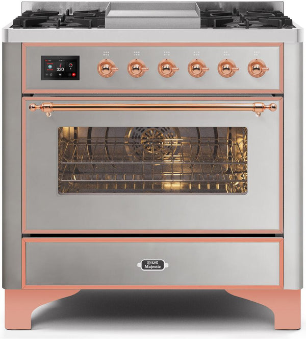 ILVE 36" Majestic II Dual Fuel Range with 6 Burners and Griddle - 3.5 cu. ft. Oven - Copper Trim in Stainless Steel (UM09FDNS3SSP)