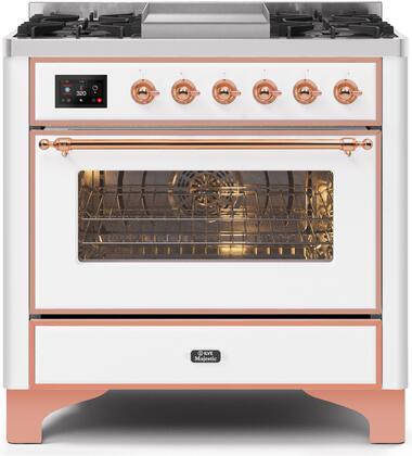 ILVE 36" Majestic II Dual Fuel Range with 6 Burners and Griddle - 3.5 cu. ft. Oven - Copper Trim in White (UM09FDNS3WHP)