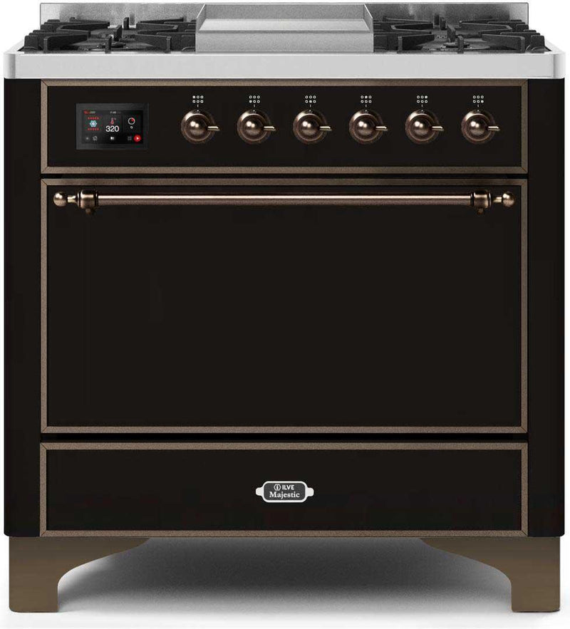 ILVE 36" Majestic II Dual Fuel Range with 6 Burners and Griddle - 4.1 cu. ft. Oven - Bronze (UM09FDQNS3BKB)