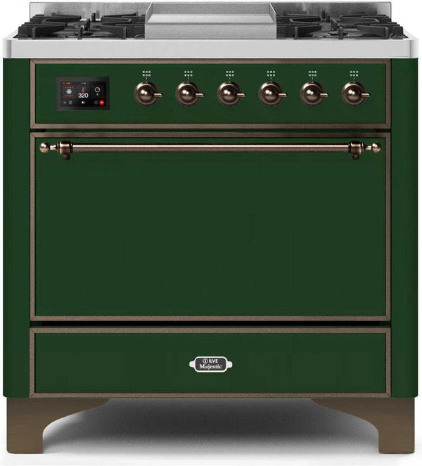 ILVE 36" Majestic II Dual Fuel Range with 6 Burners and Griddle - 4.1 cu. ft. Oven - Bronze (UM09FDQNS3EGB)