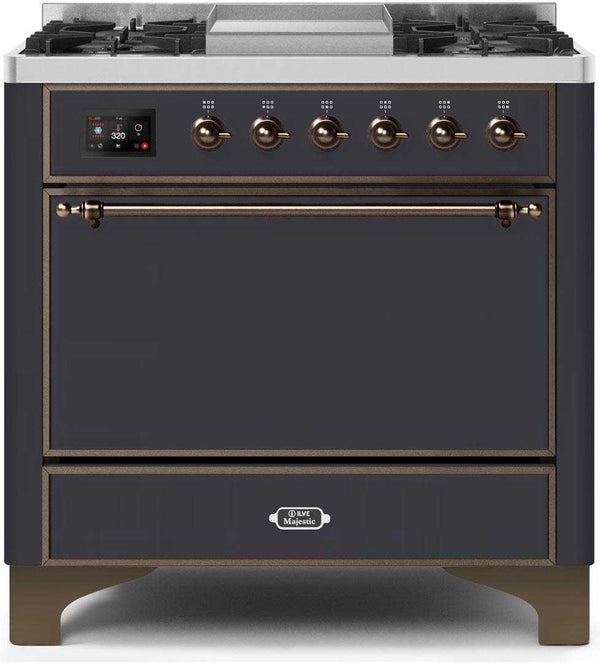 ILVE 36" Majestic II Dual Fuel Range with 6 Burners and Griddle - 4.1 cu. ft. Oven - Bronze (UM09FDQNS3MGB)