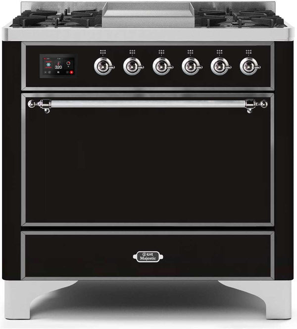 ILVE 36" Majestic II Dual Fuel Range with 6 Burners and Griddle - 4.1 cu. ft. Oven - Chrome (UM09FDQNS3BKC)