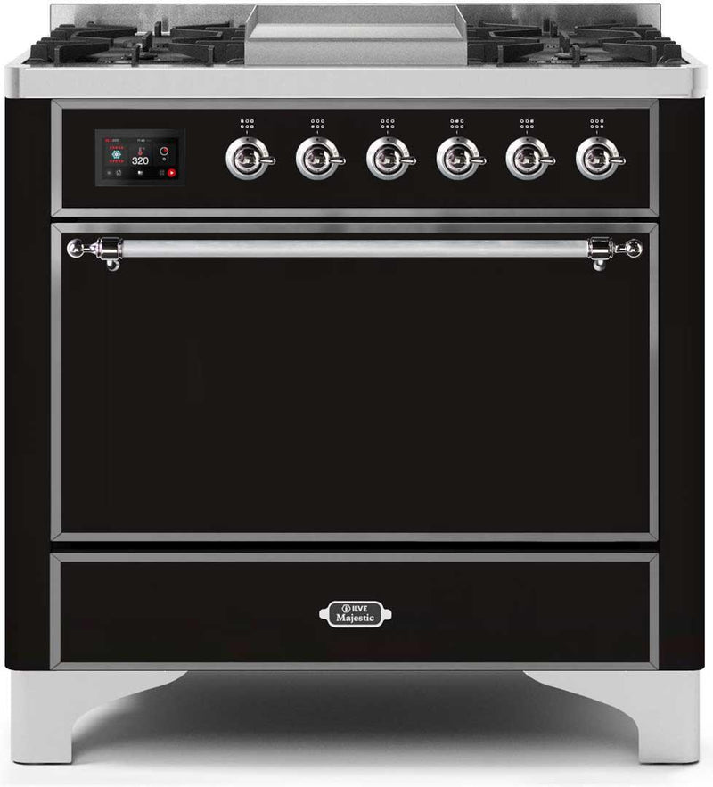 ILVE 36" Majestic II Dual Fuel Range with 6 Burners and Griddle - 4.1 cu. ft. Oven - Chrome (UM09FDQNS3BKC)