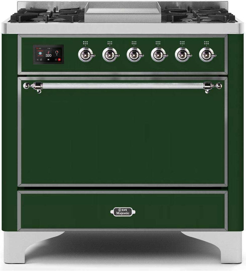 ILVE 36" Majestic II Dual Fuel Range with 6 Burners and Griddle - 4.1 cu. ft. Oven - Chrome (UM09FDQNS3EGC)