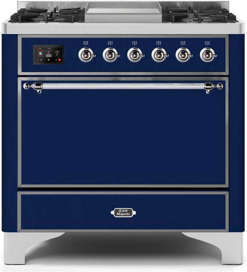 ILVE 36" Majestic II Dual Fuel Range with 6 Burners and Griddle - 4.1 cu. ft. Oven - Chrome (UM09FDQNS3MBC)