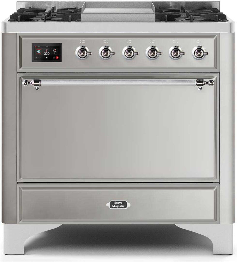 ILVE 36" Majestic II Dual Fuel Range with 6 Burners and Griddle - 4.1 cu. ft. Oven - Chrome (UM09FDQNS3SSC)