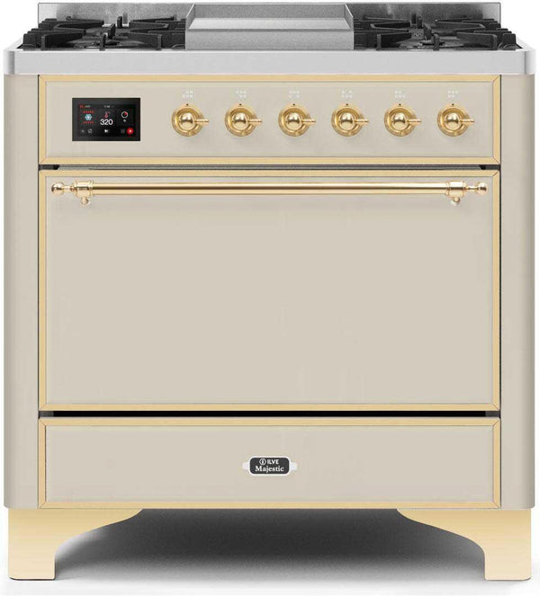 ILVE 36" Majestic II Dual Fuel Range with 6 Burners and Griddle in Antique White with Brass Trim (UM09FDQNS3AWG)