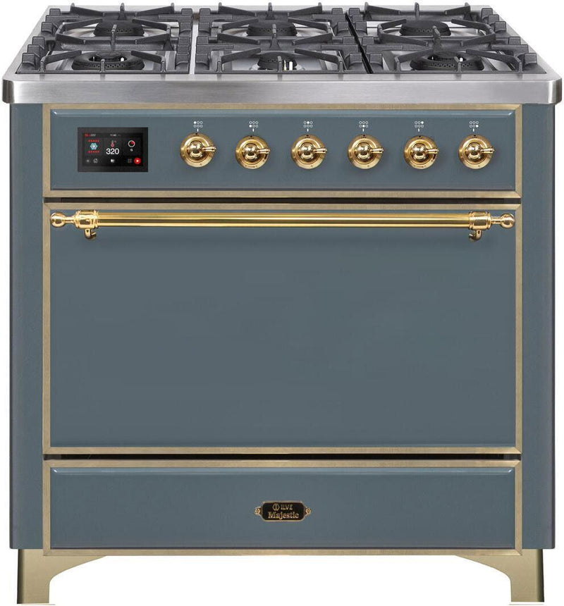 ILVE 36" Majestic II Dual Fuel Range with 6 Burners and Griddle in Blue Grey with Brass Trim (UM09FDQNS3BGG)