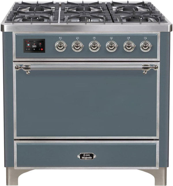 ILVE 36" Majestic II Dual Fuel Range with 6 Burners and Griddle in Blue Grey with Chrome Trim (UM09FDQNS3BGC)