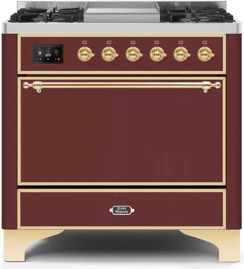 ILVE 36" Majestic II Dual Fuel Range with 6 Burners and Griddle in Burgundy Red with Brass Trim (UM09FDQNS3BUG)