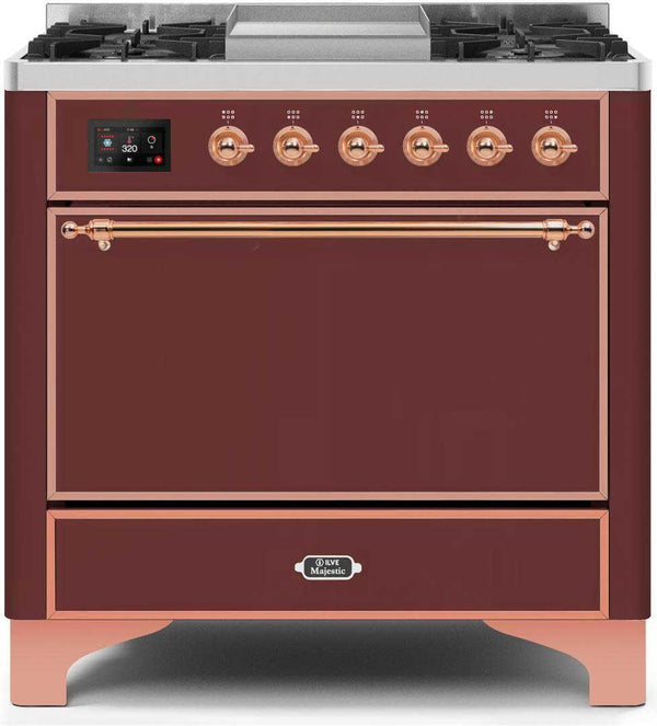 ILVE 36" Majestic II Dual Fuel Range with 6 Burners and Griddle in Burgundy Red with Copper Trim (UM09FDQNS3BUP)