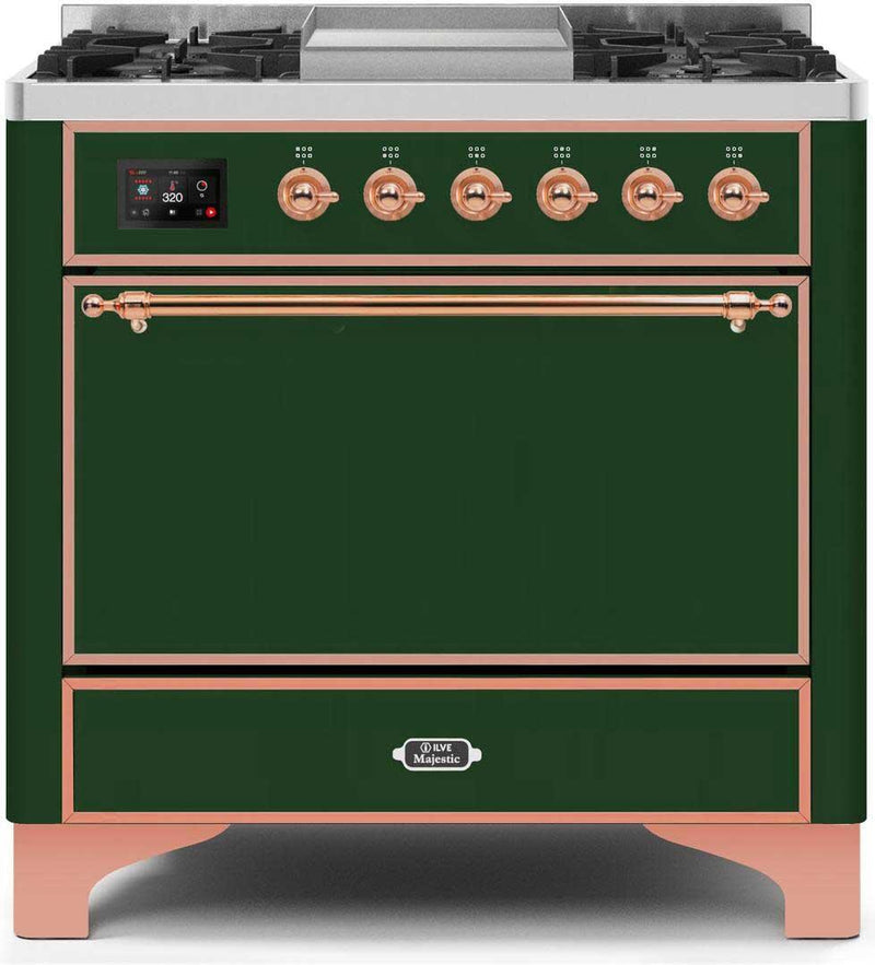 ILVE 36" Majestic II Dual Fuel Range with 6 Burners and Griddle in Emerald Green with Copper Trim (UM09FDQNS3EGP)