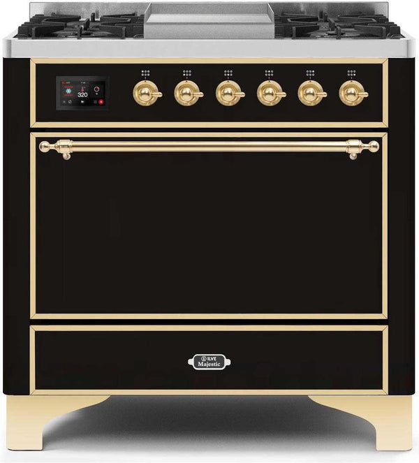 ILVE 36" Majestic II Dual Fuel Range with 6 Burners and Griddle in Glossy Black with Brass Trim (UM09FDQNS3MGG)