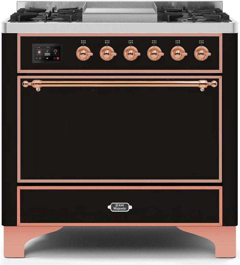 ILVE 36" Majestic II Dual Fuel Range with 6 Burners and Griddle in Glossy Black with Copper Trim (UM09FDQNS3BKP)