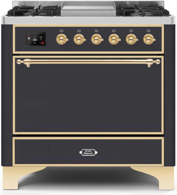 ILVE 36" Majestic II Dual Fuel Range with 6 Burners and Griddle in Matte Graphite with Brass Trim (UM09FDQNS3MGG)