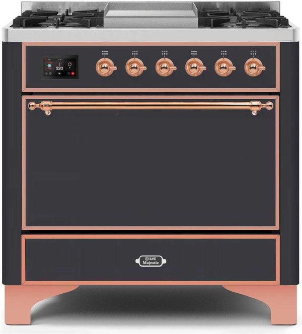 ILVE 36" Majestic II Dual Fuel Range with 6 Burners and Griddle in Matte Graphite with Copper Trim (UM09FDQNS3MGP)