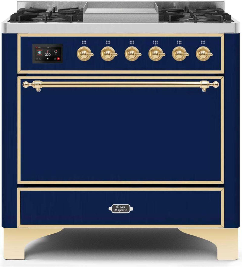 ILVE 36" Majestic II Dual Fuel Range with 6 Burners and Griddle in Midnight Blue with Brass Trim (UM09FDQNS3MBG)