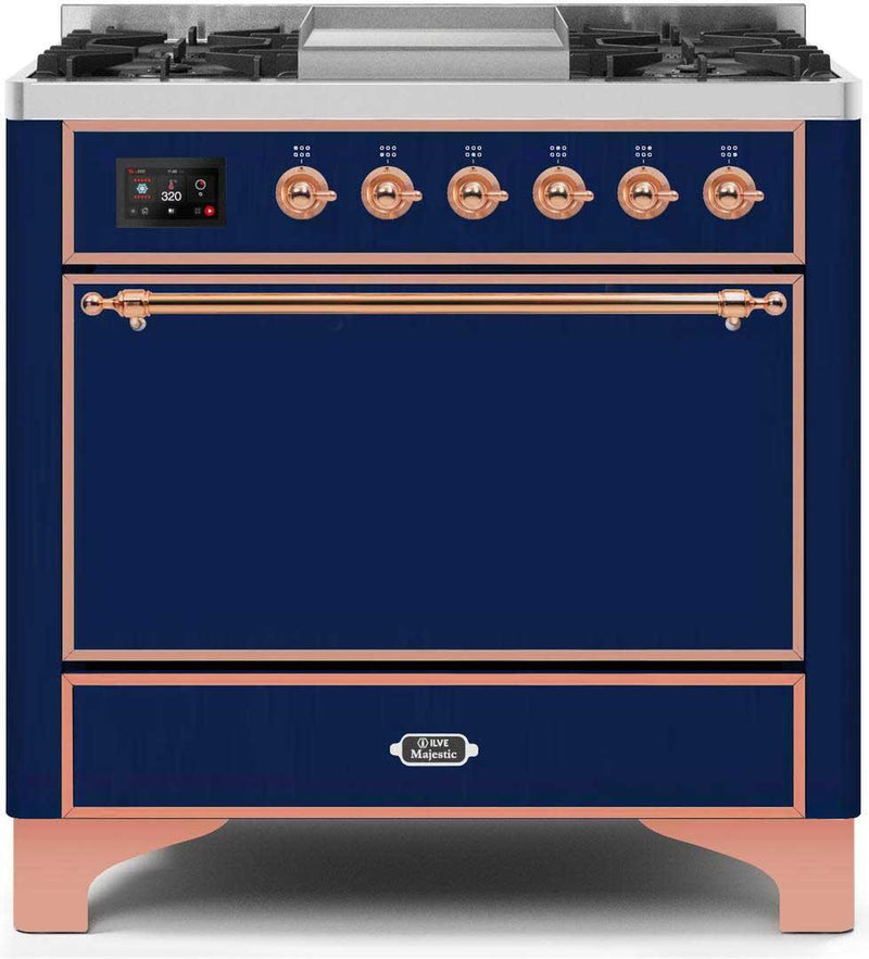 ILVE 36" Majestic II Dual Fuel Range with 6 Burners and Griddle in Midnight Blue with Copper Trim (UM09FDQNS3MBP)