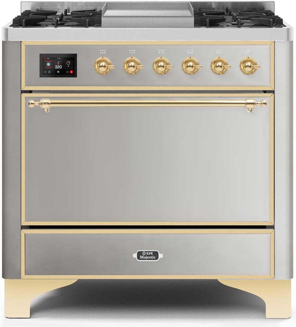 ILVE 36" Majestic II Dual Fuel Range with 6 Burners and Griddle in Stainless Steel with Brass Trim (UM09FDQNS3SSG)