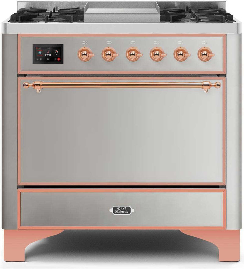 ILVE 36" Majestic II Dual Fuel Range with 6 Burners and Griddle in Stainless Steel with Copper Trim (UM09FDQNS3SSP)