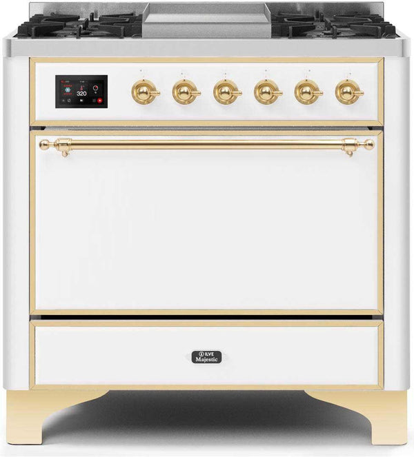 ILVE 36" Majestic II Dual Fuel Range with 6 Burners and Griddle in White with Brass Trim (UM09FDQNS3WHG)