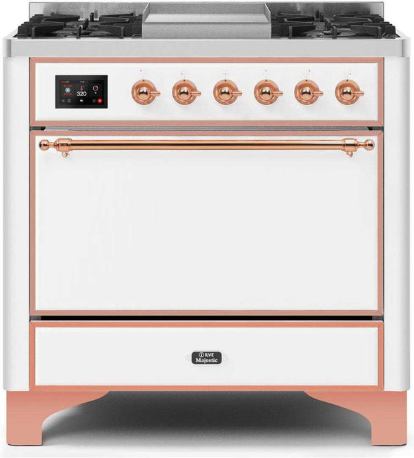 ILVE 36" Majestic II Dual Fuel Range with 6 Burners and Griddle in White with Copper Trim (UM09FDQNS3WHP)