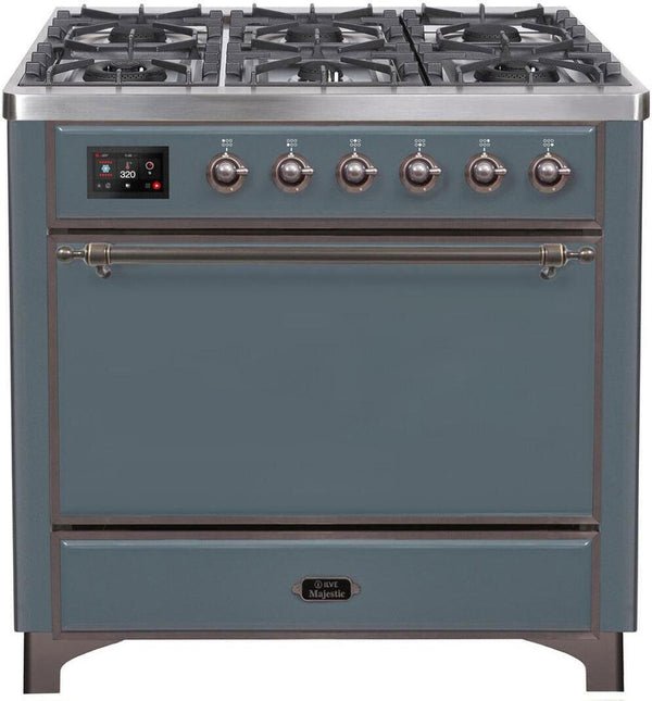 ILVE 36" Majestic II Dual Fuel Range with 6 Burners and Griddle in in Blue Grey with Bronze Trim (UM09FDQNS3BGB)