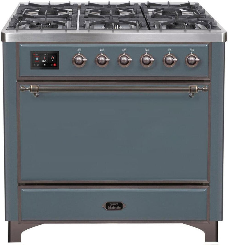 ILVE 36" Majestic II Dual Fuel Range with 6 Burners and Griddle in in Blue Grey with Bronze Trim (UM09FDQNS3BGB)