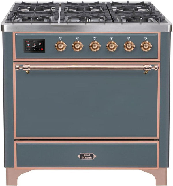 ILVE 36" Majestic II Series Freestanding Dual Fuel Single Oven Range with 6 Sealed Burners in Blue Grey with Copper Trim (UM096DQNS3BGP)