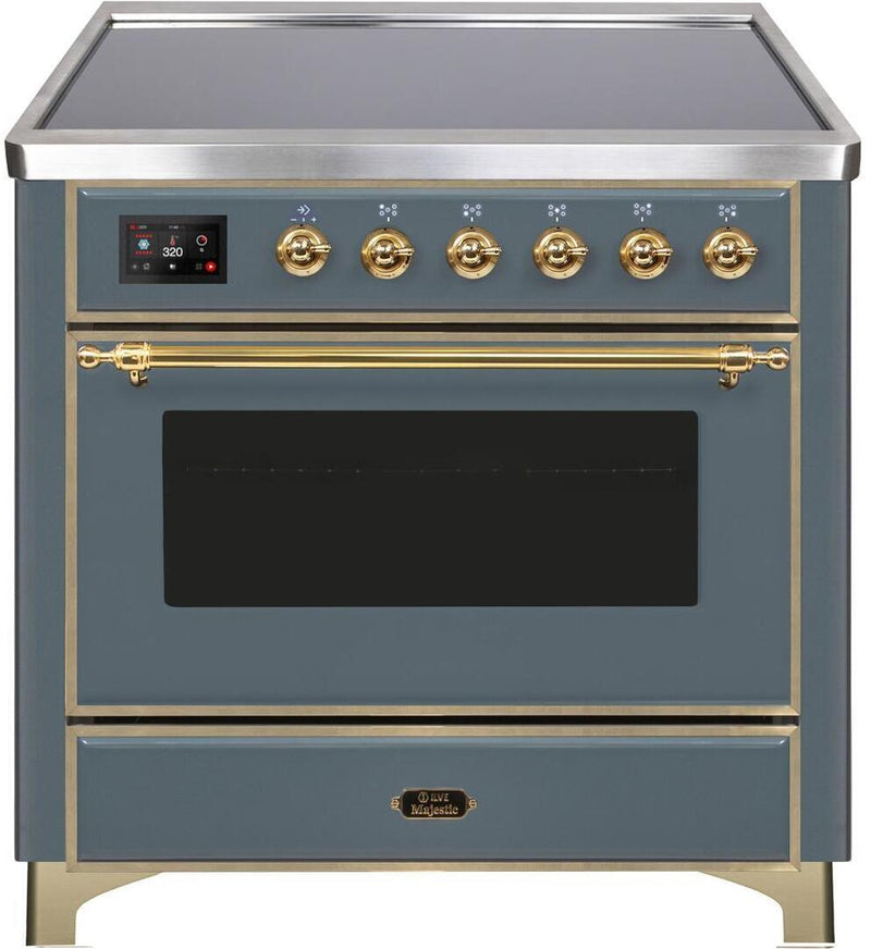 ILVE 36" Majestic II Series Freestanding Electric Single Windowed Oven Range with 5 Elements in Blue Grey with Brass Trim (UMI09NS3BGG)