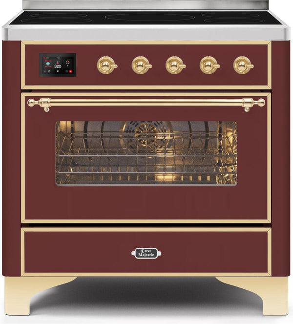 ILVE 36" Majestic II induction Range with 5 Elements - 3.5 cu. ft. Oven - Brass Trim in Burgundy (UMI09NS3BUG)