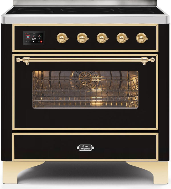 ILVE 36" Majestic II induction Range with 5 Elements - 3.5 cu. ft. Oven - Brass Trim in Glossy Black (UMI09NS3BKG)