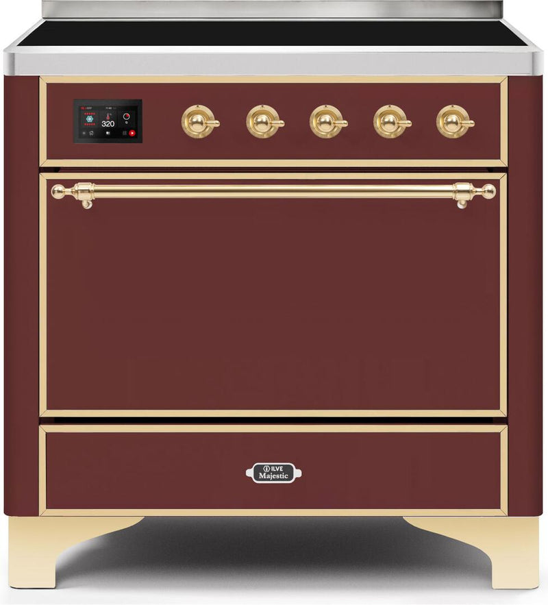 ILVE 36" Majestic II induction Range with 5 Elements - 3.5 cu. ft. Oven - Solid Door - Brass Trim in Burgundy (UMI09QNS3BUG)