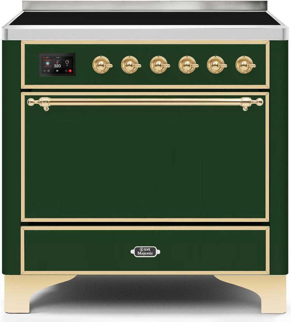 ILVE 36" Majestic II induction Range with 5 Elements - 3.5 cu. ft. Oven - Solid Door - Emerald Green with Brass Trim (UMI09QNS3EGG)