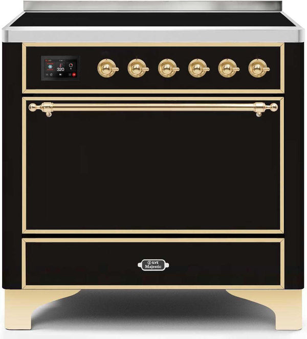 ILVE 36" Majestic II induction Range with 5 Elements - 3.5 cu. ft. Oven - Solid Door - Glossy Black with Brass Trim (UMI09QNS3BKG)