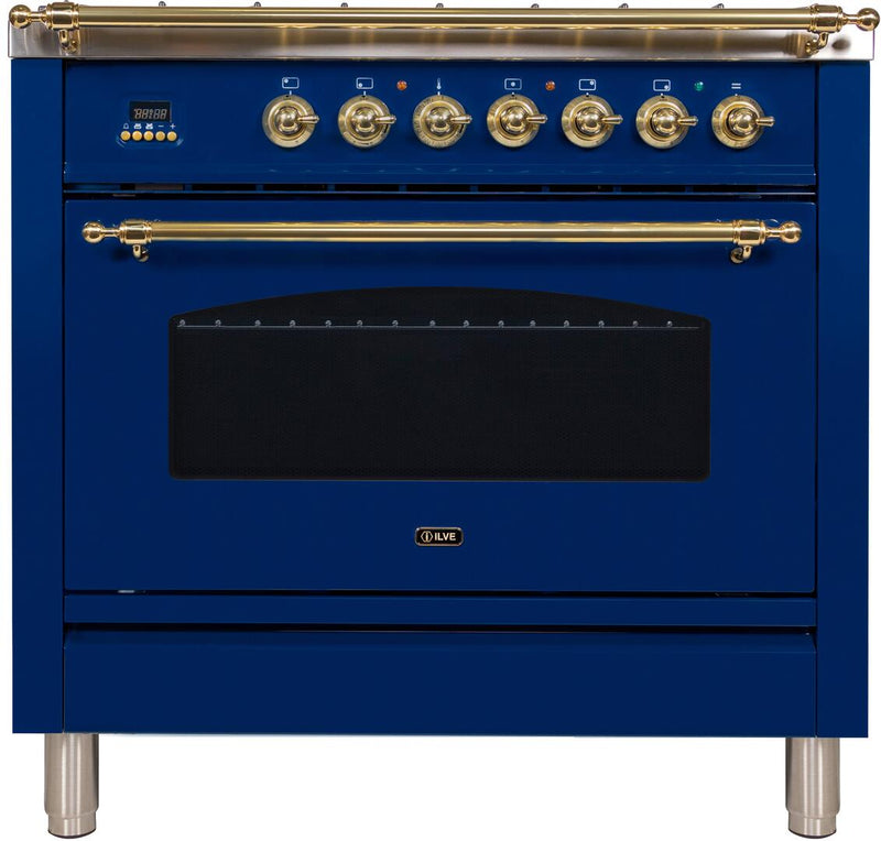 ILVE 36" Nostalgie - Dual Fuel Range with 5 Sealed Brass Burners - 3 cu. ft. Oven - Brass Trim in Blue (UPN90FDMPBL)