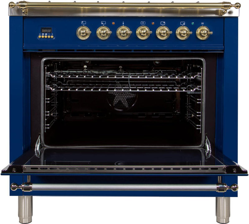 ILVE 36" Nostalgie - Dual Fuel Range with 5 Sealed Brass Burners - 3 cu. ft. Oven - Brass Trim in Blue (UPN90FDMPBL)